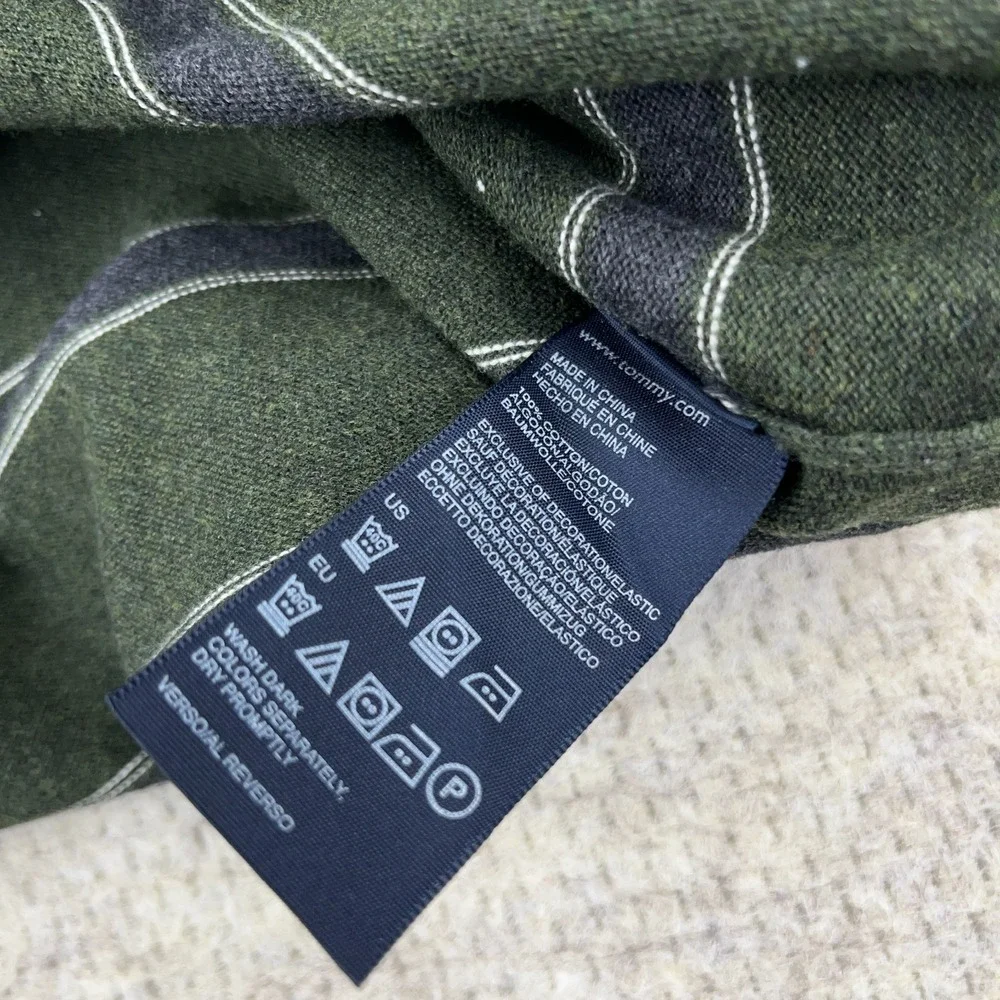 Tommy‎ Hilfiger Sweater Men Medium Olive Green Striped V Neck Lightweight Golf